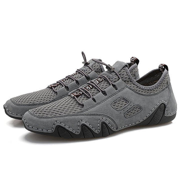 Men Round Toe Hand Stitching Breathable Mesh Leather Shoes